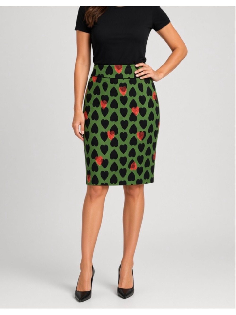 Maeve Anthropologie Green Black Red Heart Print Midi Pencil Skirt Size 8